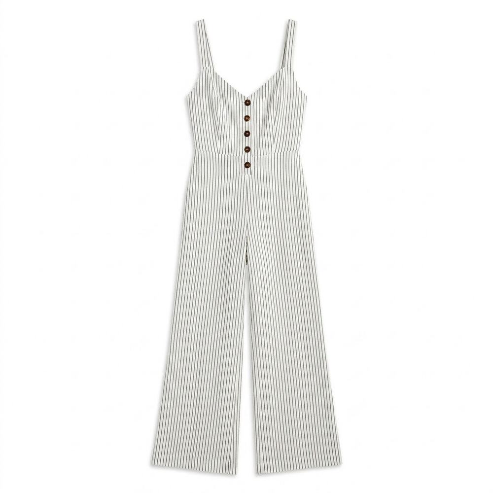 IJOAH Striped Jumpsuit White Gray Cut Out Sleeveless Button V Neck Womens Small